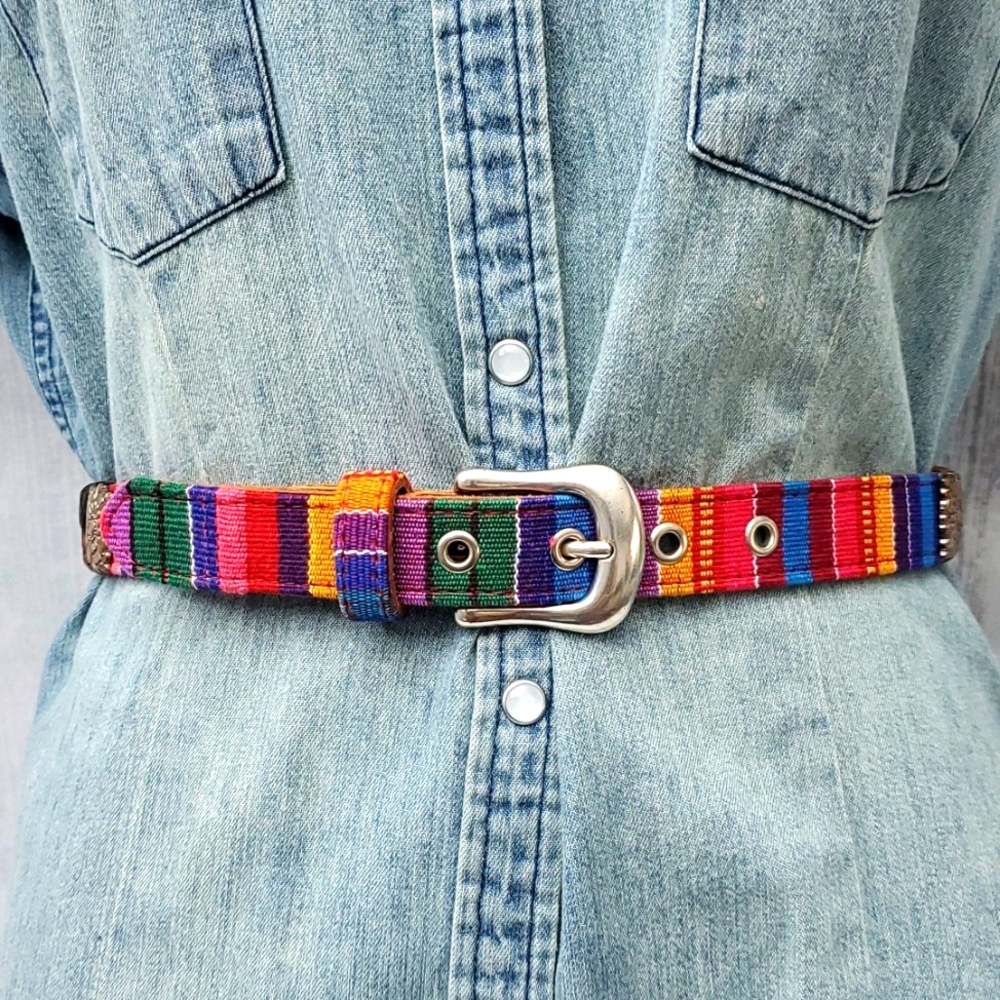 Fossil Multi Color Fabric On Leather Belt Medalli… - image 1